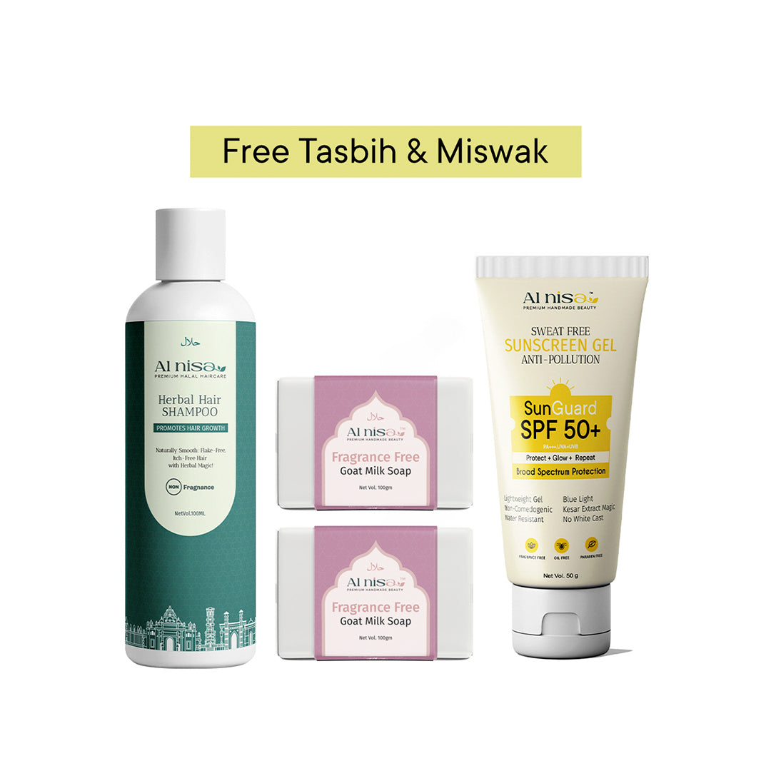 Hajj/Umrah Fragrance Free Kit 2 | Handmade Milk Soap 100gmx2pcs | Sunscreen Gel 50gm | Hair Shampoo