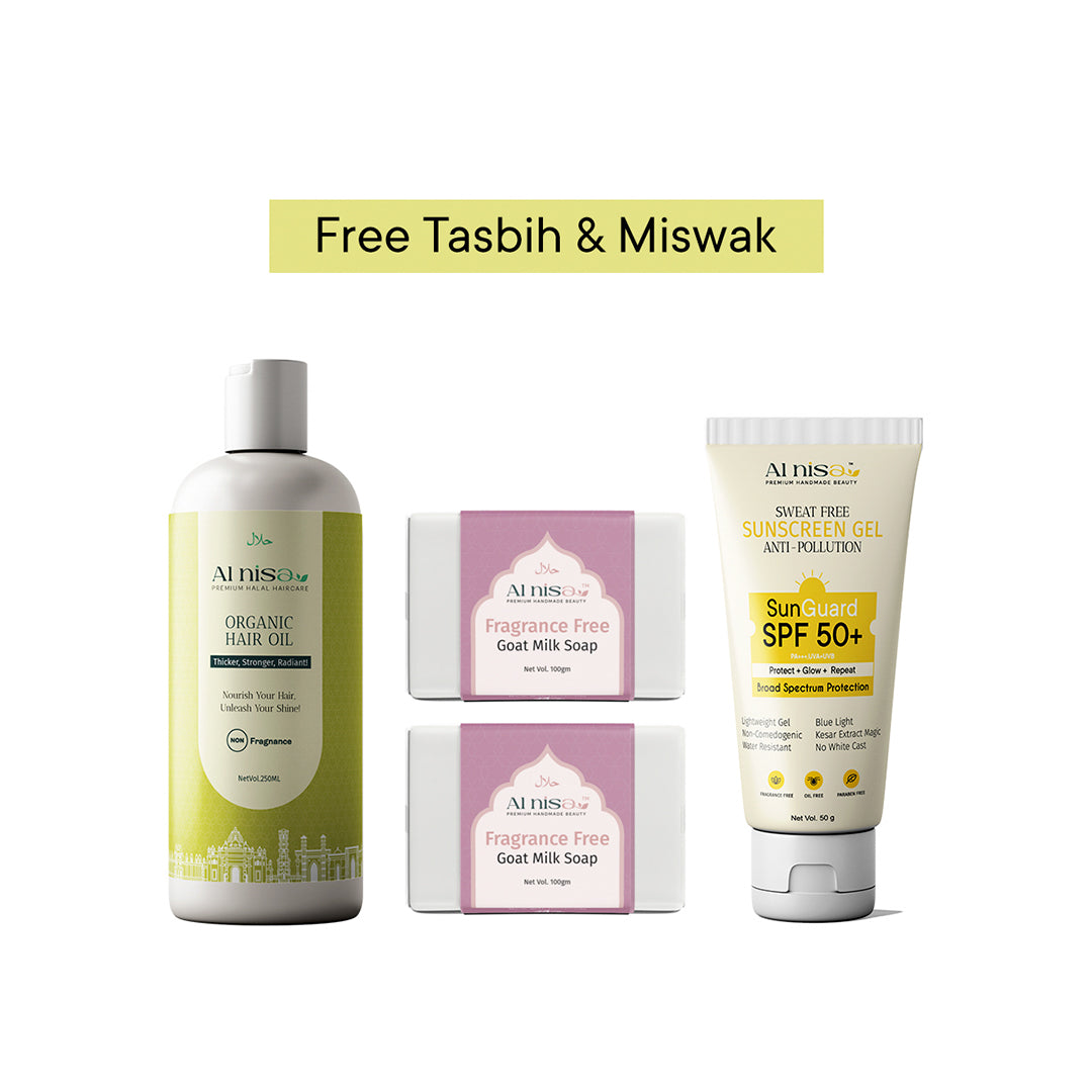 Hajj/Umrah Fragrance Free Kit 3 | Handmade Milk Soap 100gmx2pcs | Sunscreen Gel 50gm | Hair Oil