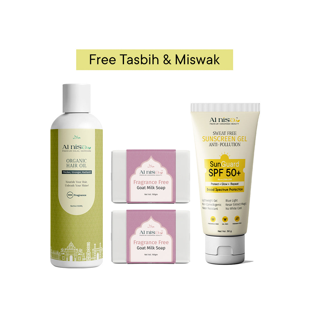 Hajj/Umrah Fragrance Free Kit 3 | Handmade Milk Soap 100gmx2pcs | Sunscreen Gel 50gm | Hair Oil