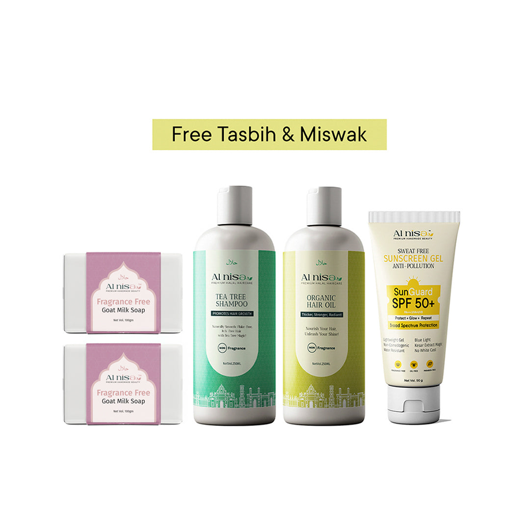 Hajj/Umrah Fragrance Free Kit 4 | Handmade Milk Soap 100gmx2pcs | Sunscreen Gel 50gm | Hair Oil | Shampoo
