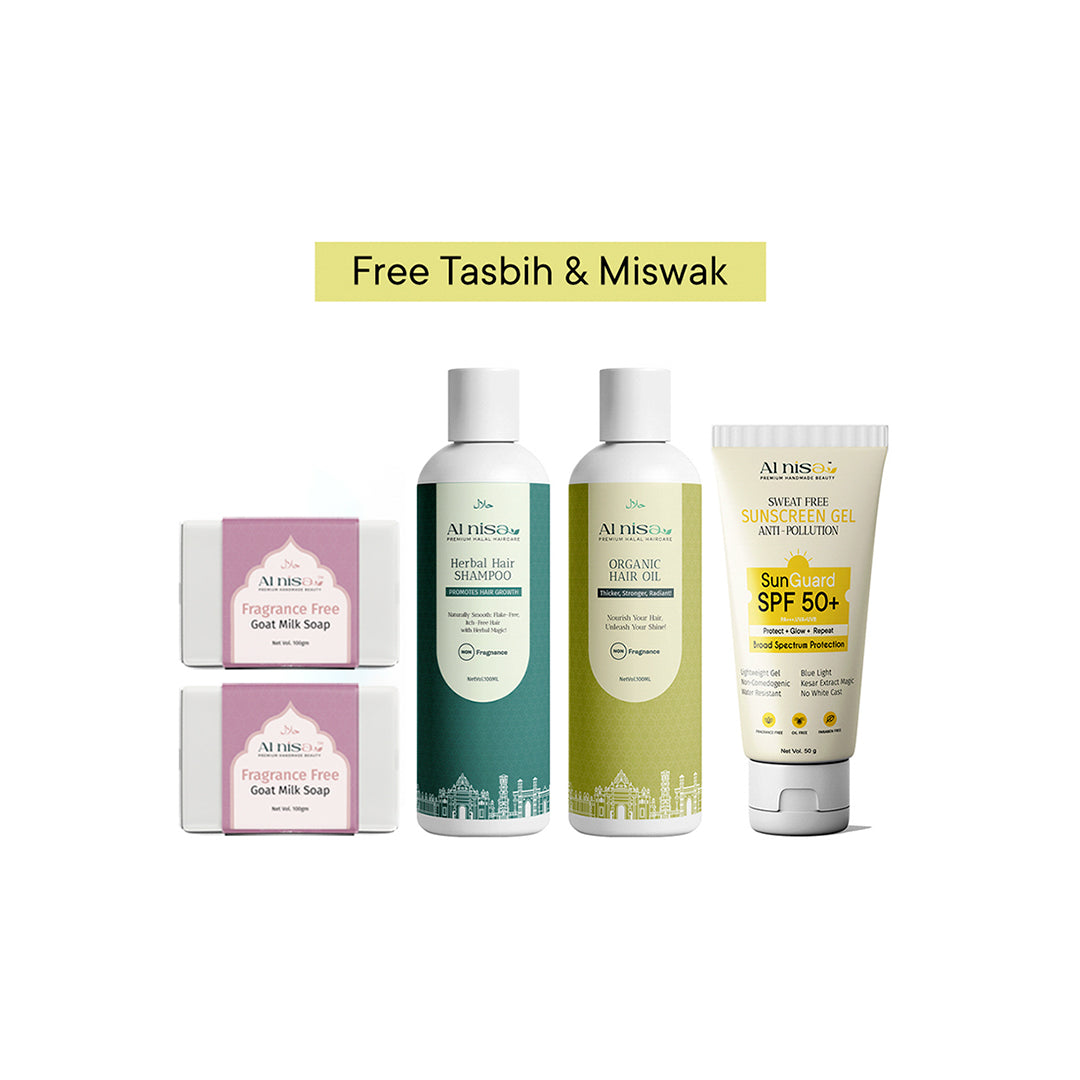Hajj/Umrah Fragrance Free Kit 4 | Handmade Milk Soap 100gmx2pcs | Sunscreen Gel 50gm | Hair Oil | Shampoo