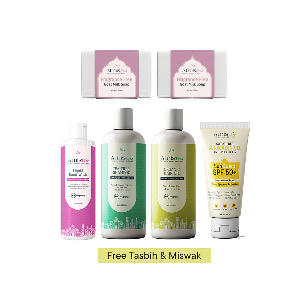Hajj/Umrah Fragrance Free Kit 5 | Liquid Hand Wash 100ml | Handmade Milk Soap 100gmx2pcs | Sunscreen Gel 50gm | Hair Oil | Shampoo
