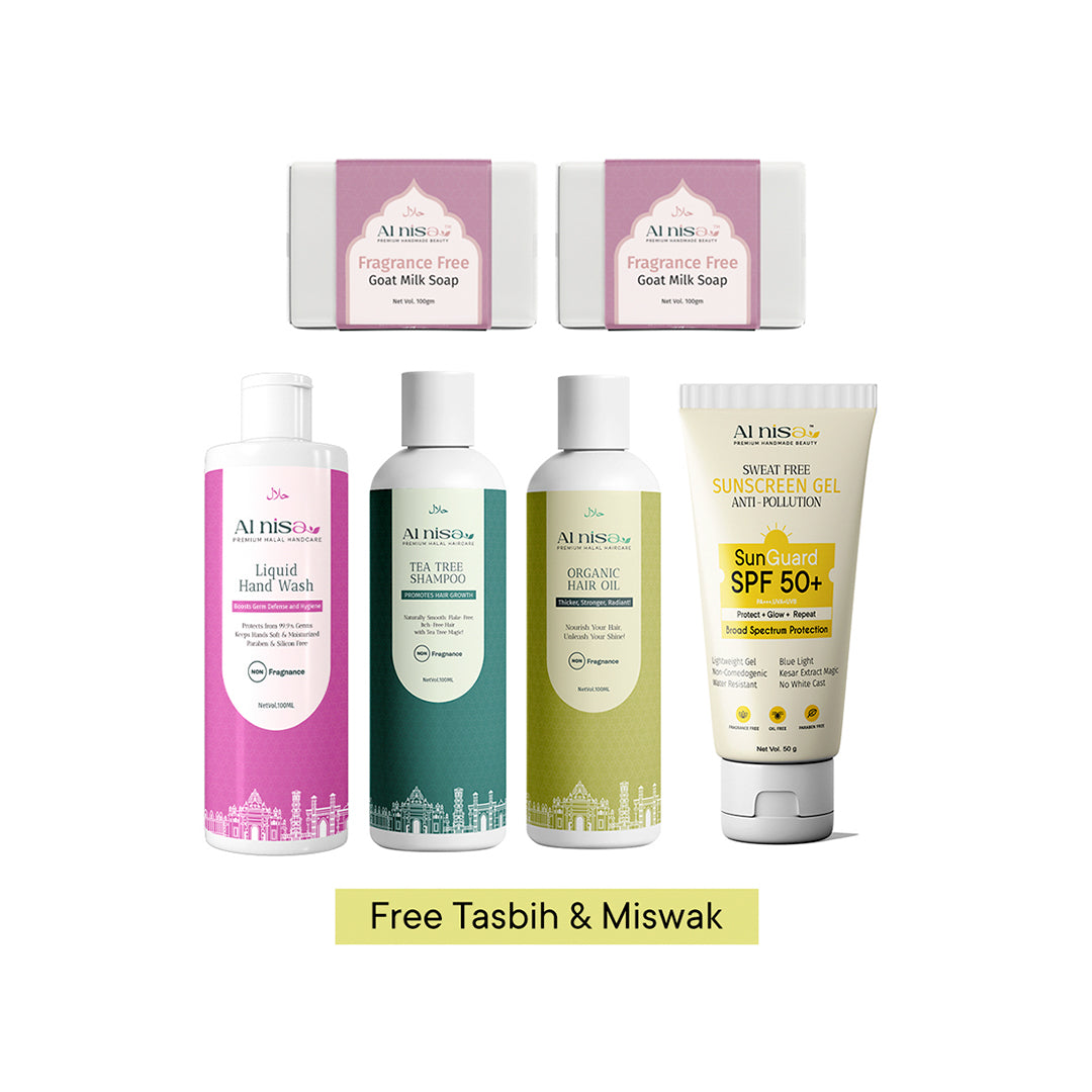 Hajj/Umrah Fragrance Free Kit 5 | Liquid Hand Wash 100ml | Handmade Milk Soap 100gmx2pcs | Sunscreen Gel 50gm | Hair Oil | Shampoo