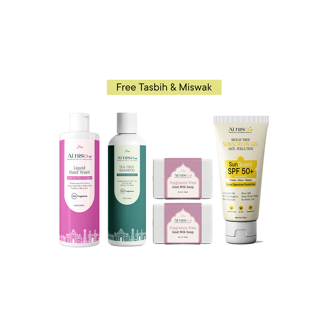 Hajj/Umrah Fragrance Free Kit 7 | liquid Hand Wash 100ml | Handmade Milk Soap 100gmx2pcs | Sunscreen Gel 50gm | Hair Shampoo