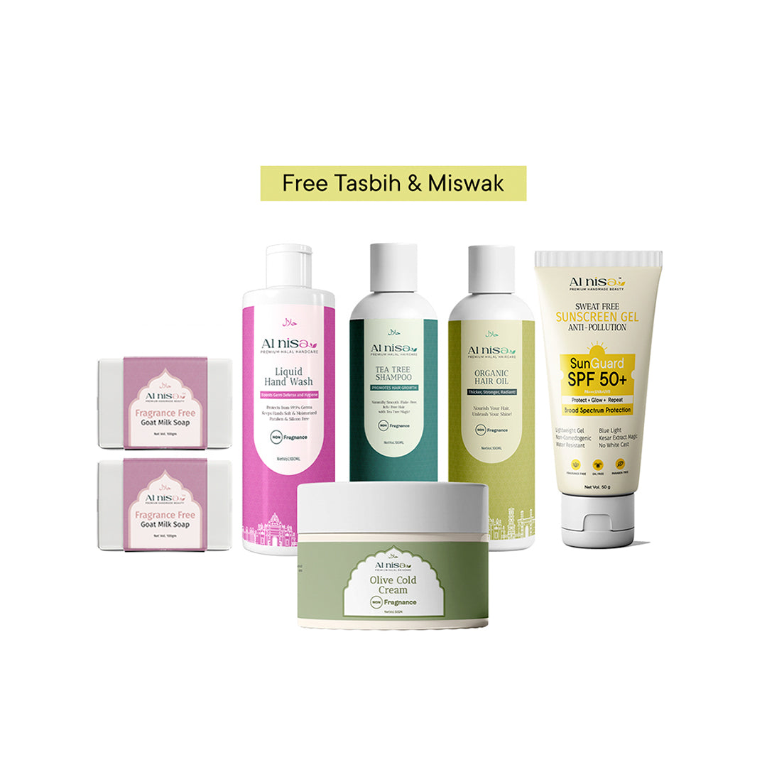 Hajj/Umrah Fragrance Free Kit 8 | Olive Cold Cream 50gm | liquid Hand Wash 100ml | Handmade Milk Soap 100gmx2pcs | Sunscreen Gel 50gm | Hair Shampoo | Organic Hair Oil
