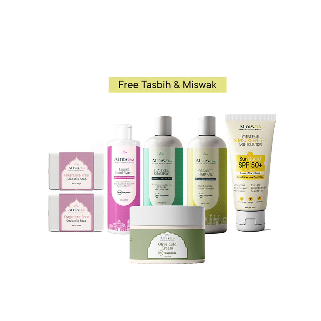 Hajj/Umrah Fragrance Free Kit 8 | Olive Cold Cream 50gm | liquid Hand Wash 100ml | Handmade Milk Soap 100gmx2pcs | Sunscreen Gel 50gm | Hair Shampoo | Organic Hair Oil