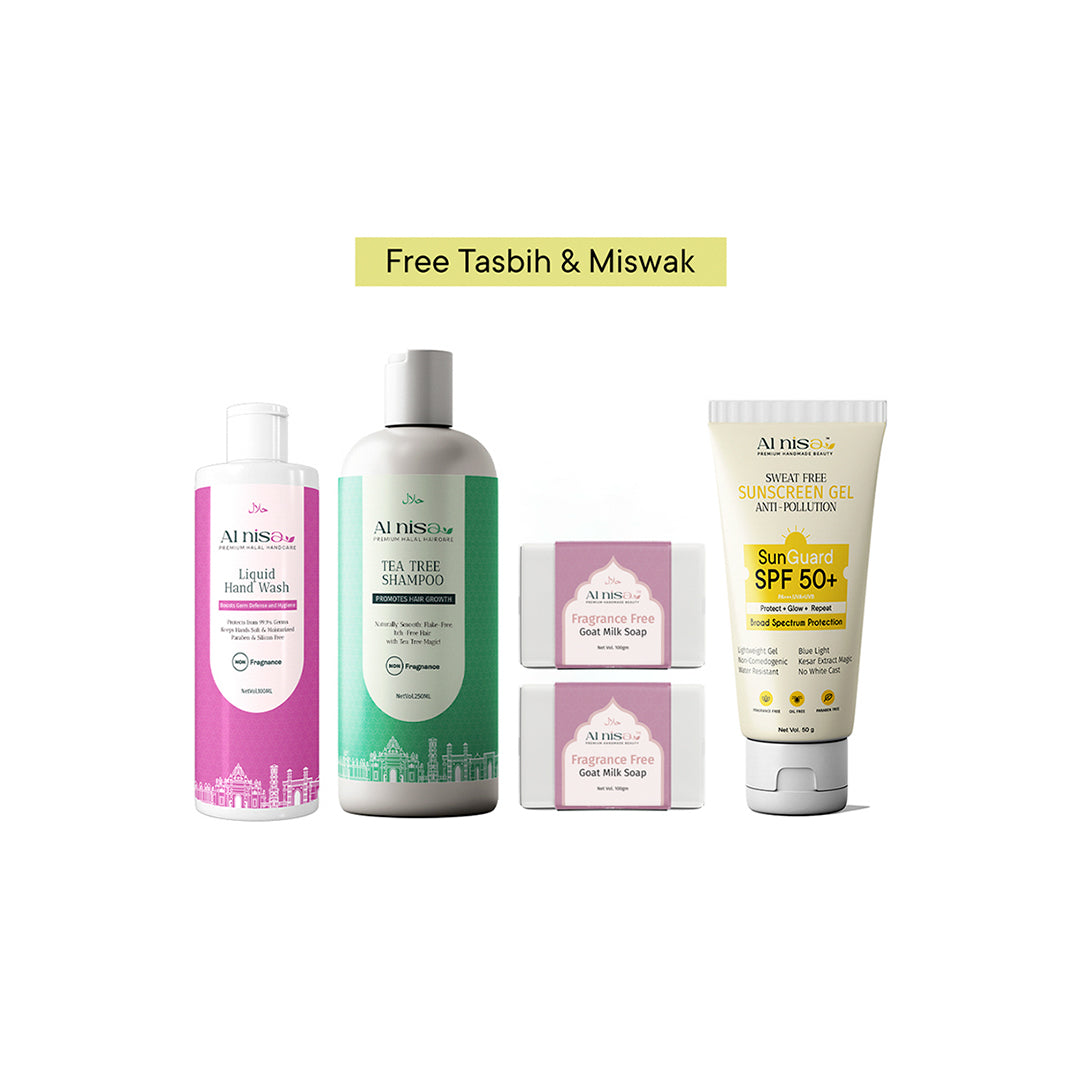 Hajj/Umrah Fragrance Free Kit 7 | liquid Hand Wash 100ml | Handmade Milk Soap 100gmx2pcs | Sunscreen Gel 50gm | Hair Shampoo